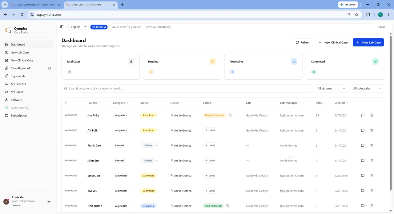 The Cympha Case dashboard listing cases with their status, doctor, lab and file counts